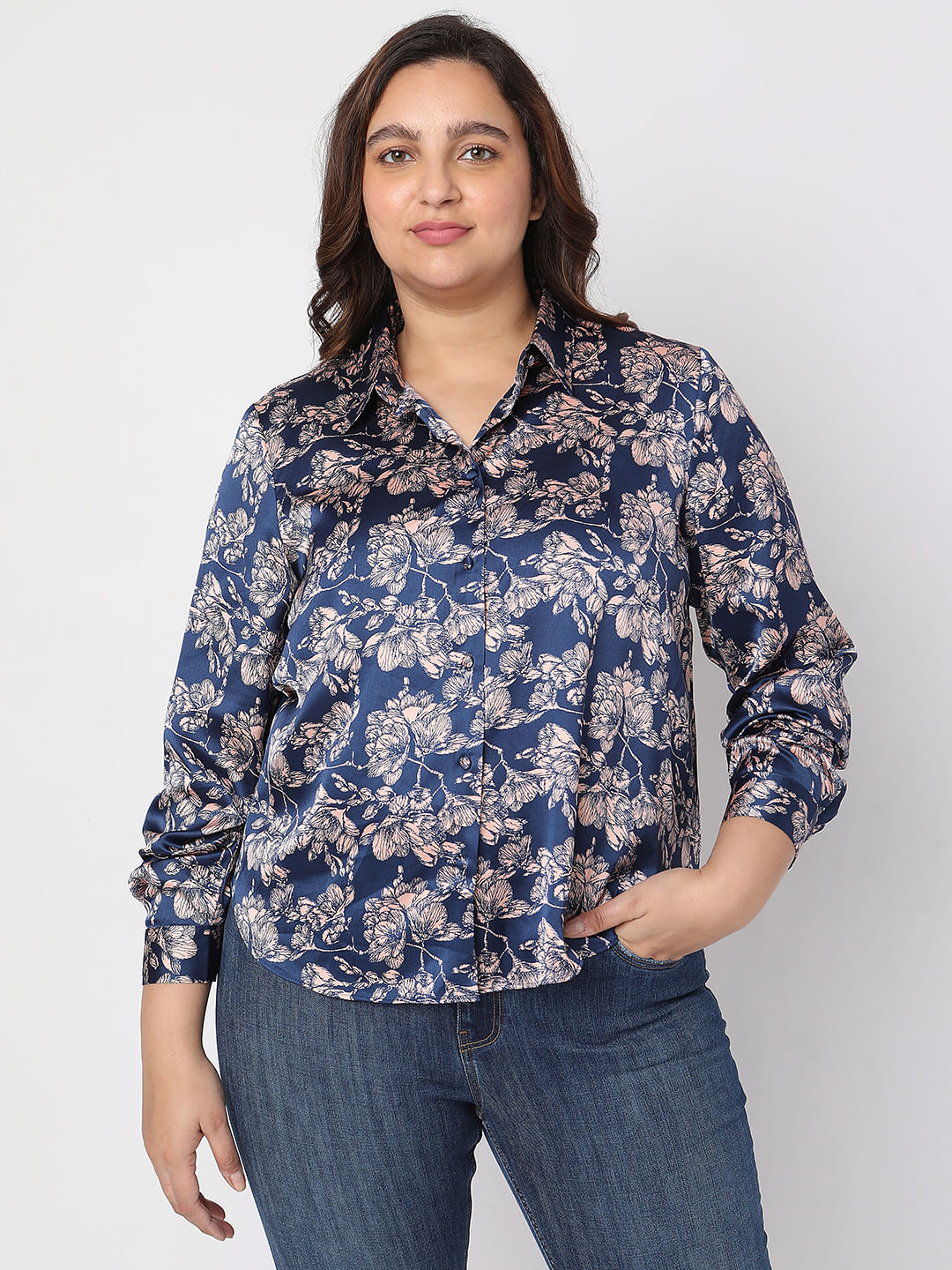 Curve Blue Floral Print Satin Shirt