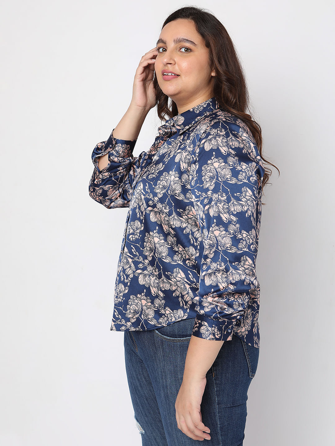 Curve Blue Floral Print Satin Shirt