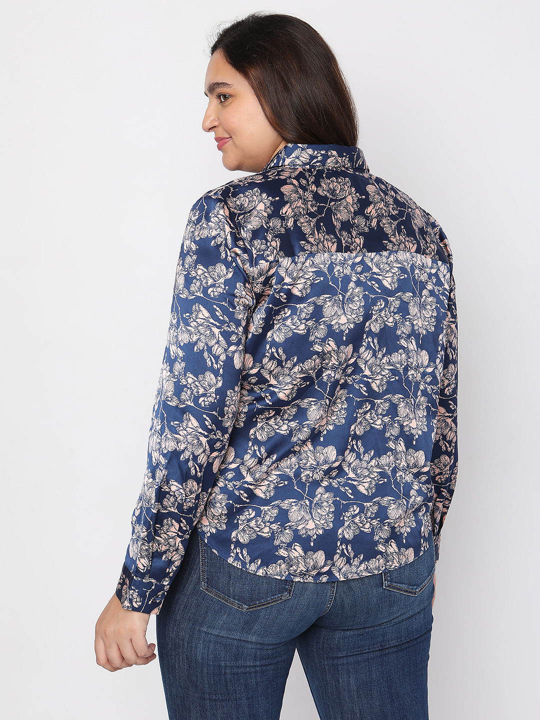 Curve Blue Floral Print Satin Shirt