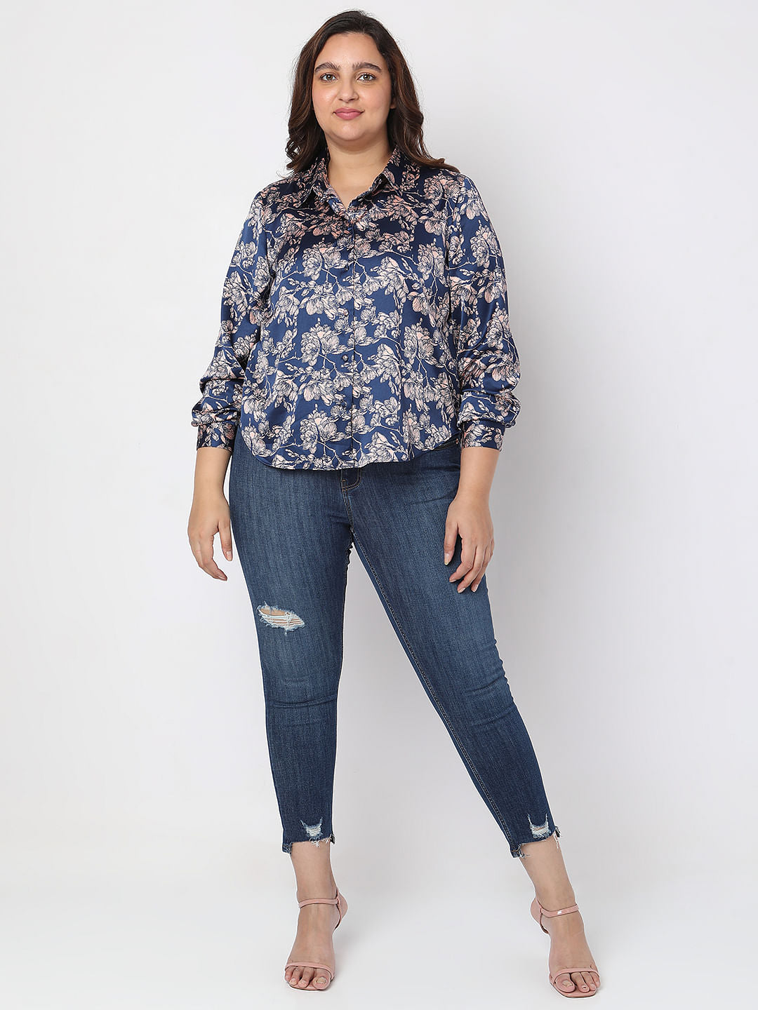 Curve Blue Floral Print Satin Shirt