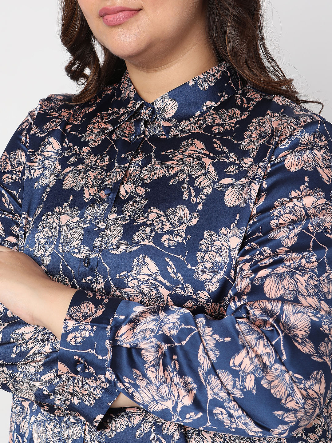 Curve Blue Floral Print Satin Shirt