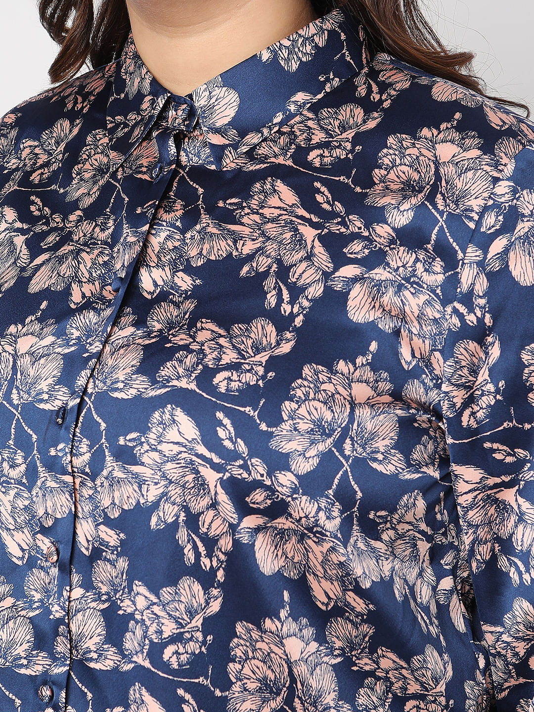 Curve Blue Floral Print Satin Shirt