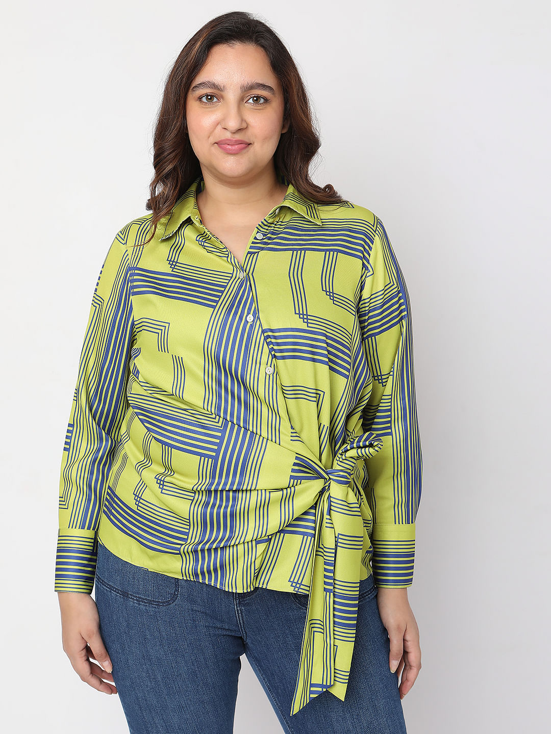 Curve Green Printed Front Knot Shirt