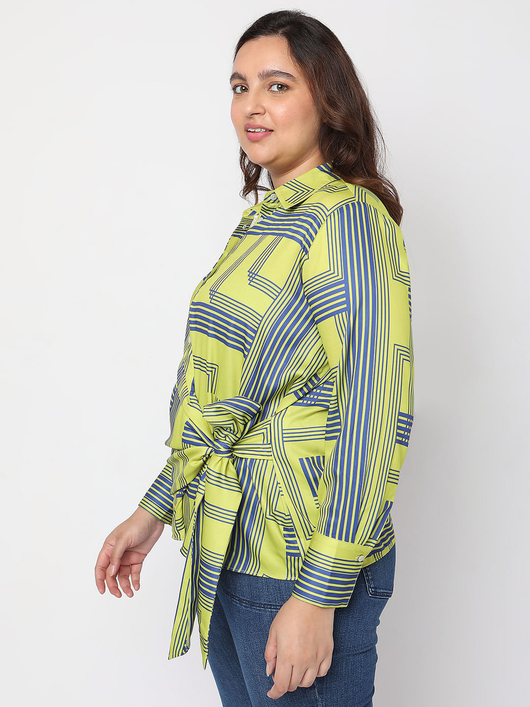 Curve Green Printed Front Knot Shirt