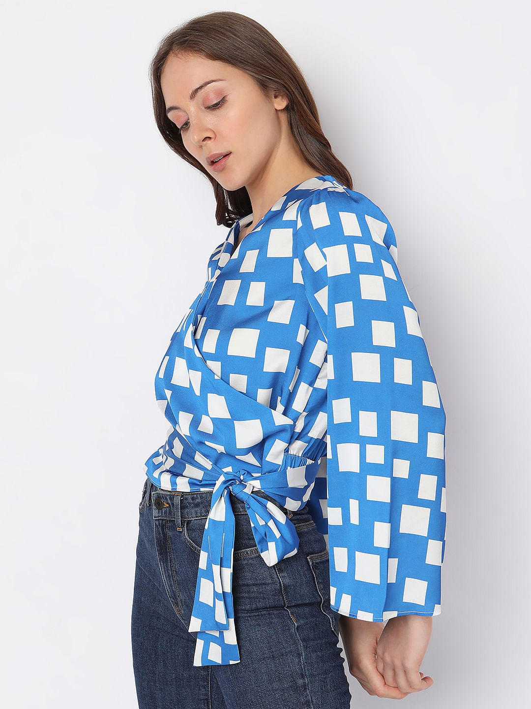 Blue Printed Wrap-Over Top