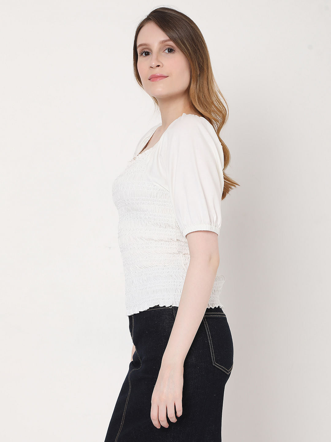 White Smocked Puff Sleeves Top