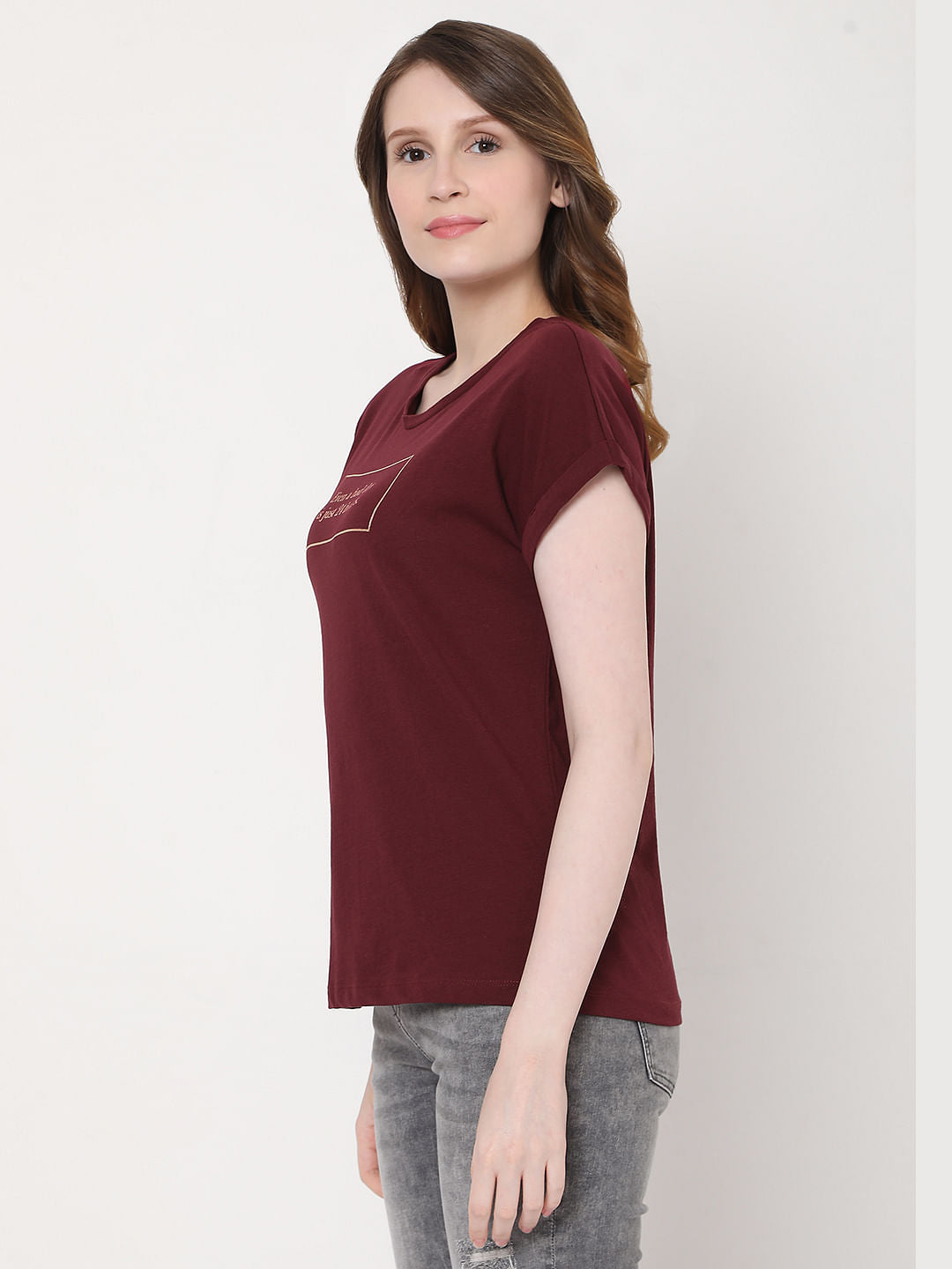 Maroon Slogan Print T-Shirt