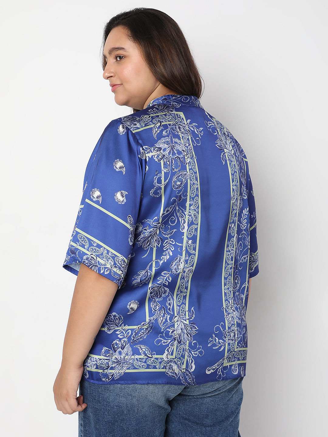 Curve Blue Floral Satin Shirt