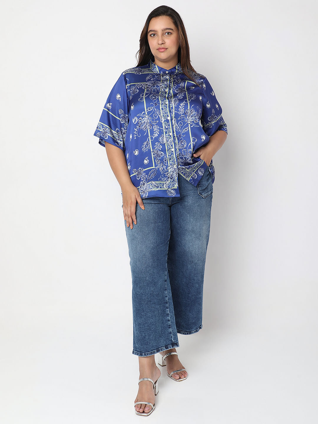 Curve Blue Floral Satin Shirt