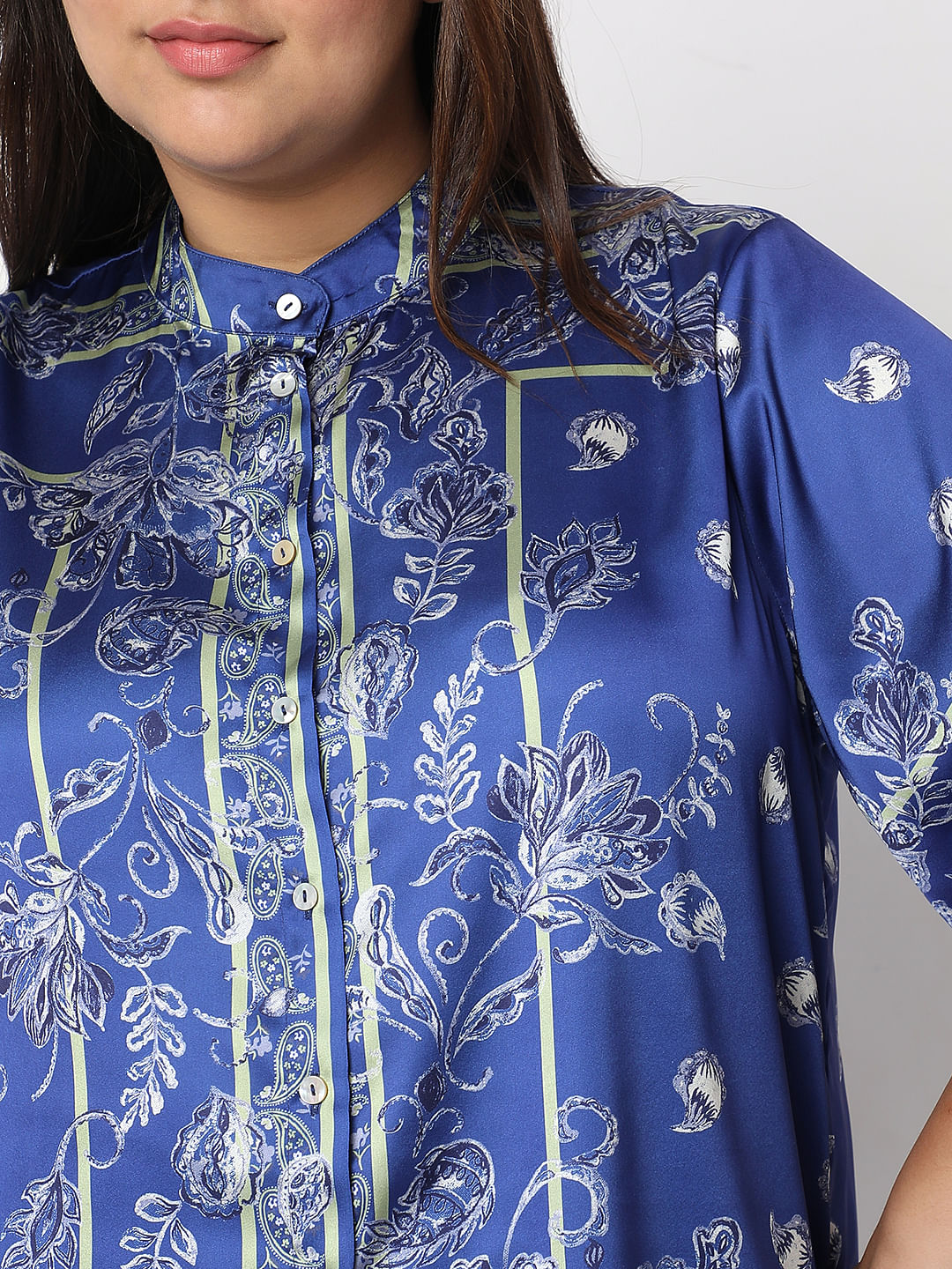 Curve Blue Floral Satin Shirt