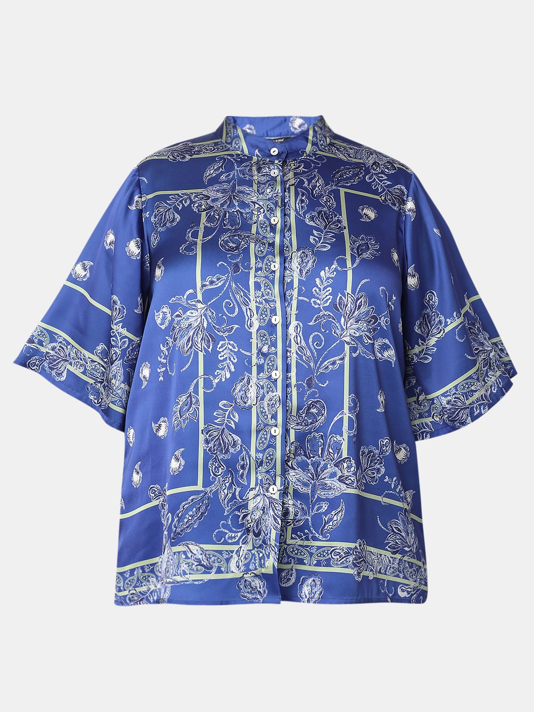 Curve Blue Floral Satin Shirt