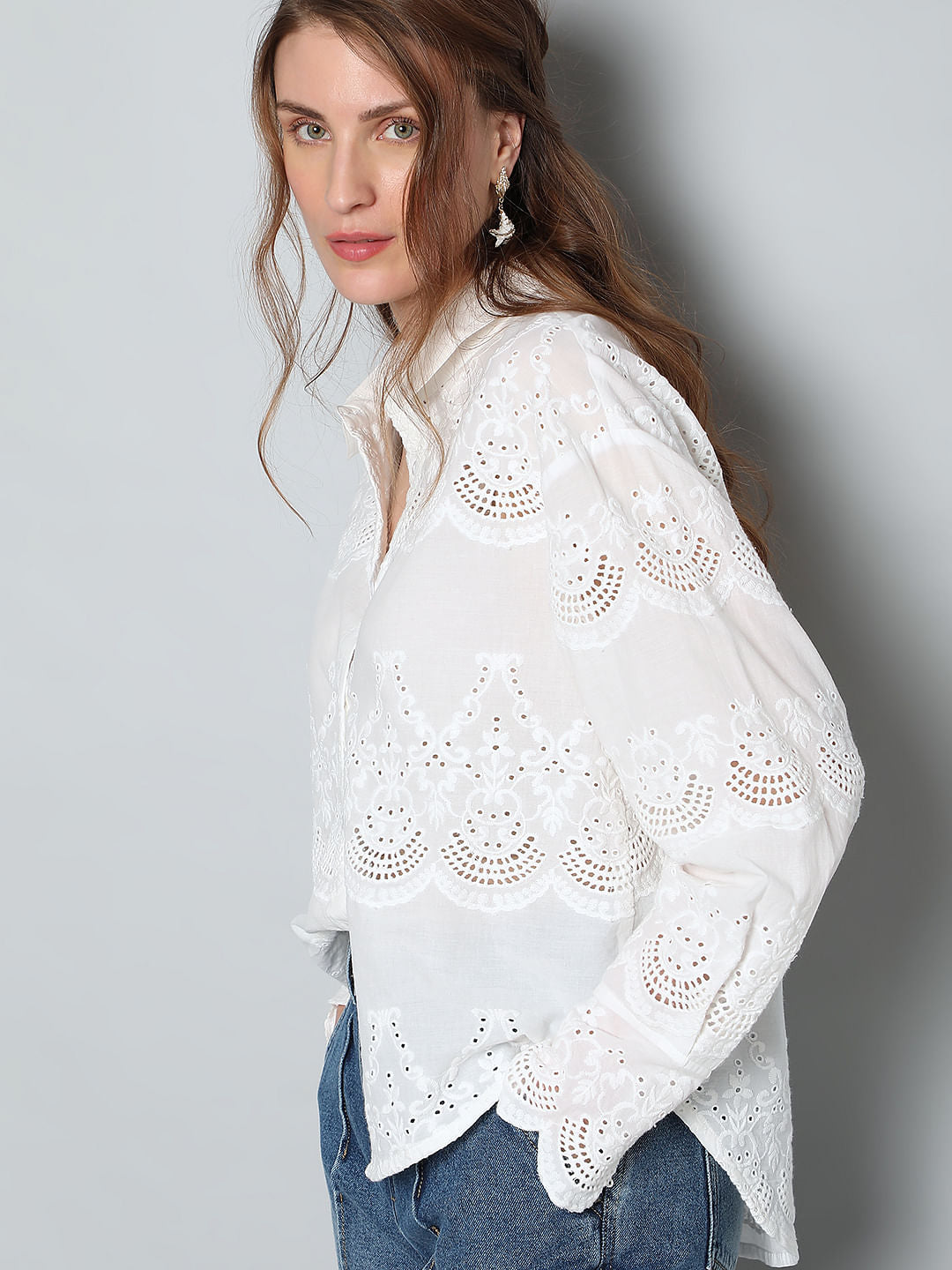 White Schiffli Full Sleeves Shirt