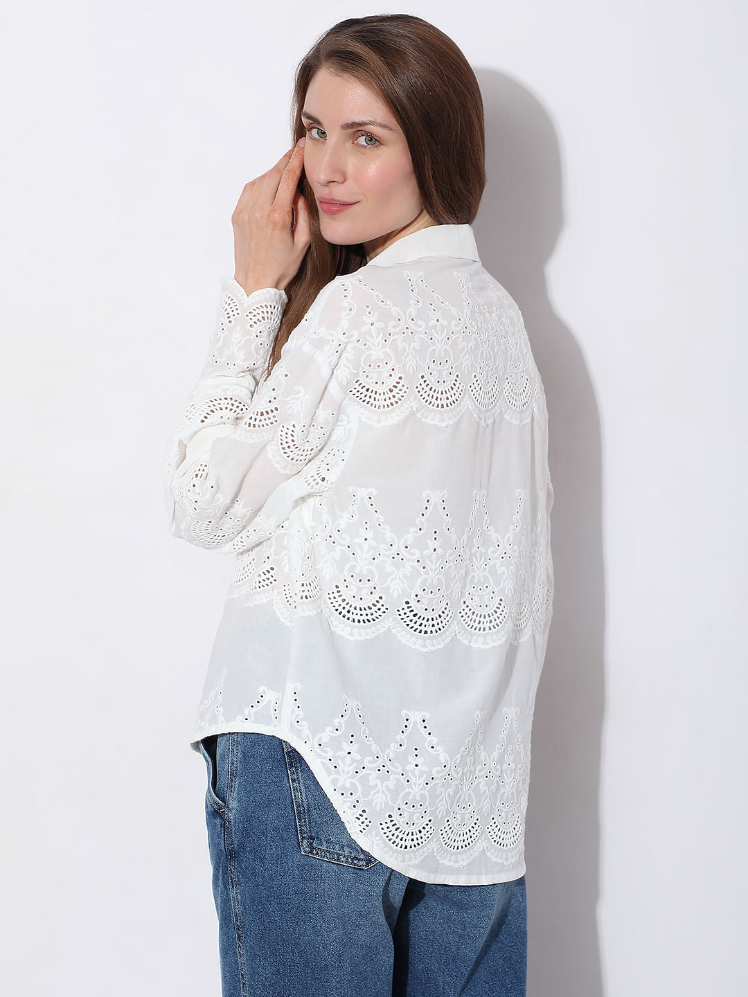 White Schiffli Full Sleeves Shirt