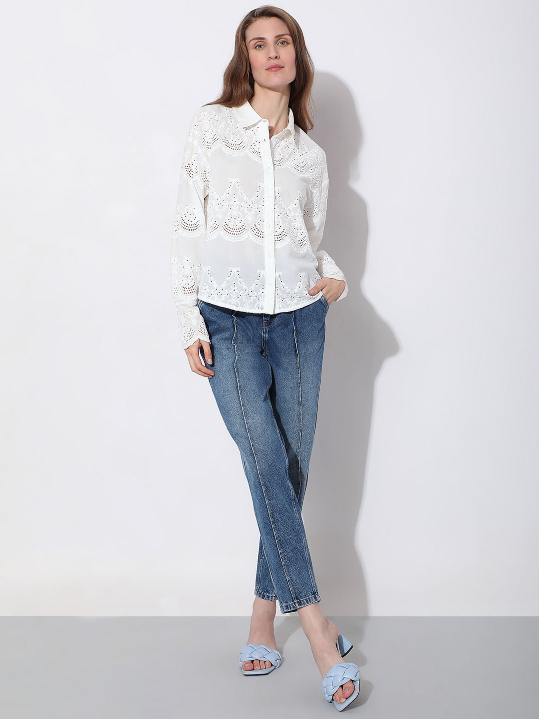 White Schiffli Full Sleeves Shirt