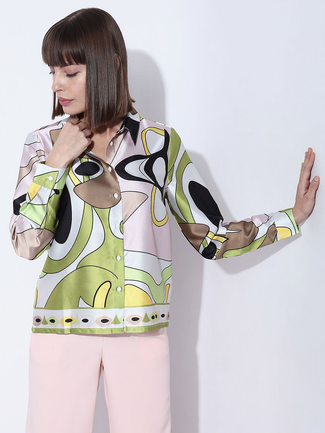 Green Abstract Print Satin Shirt