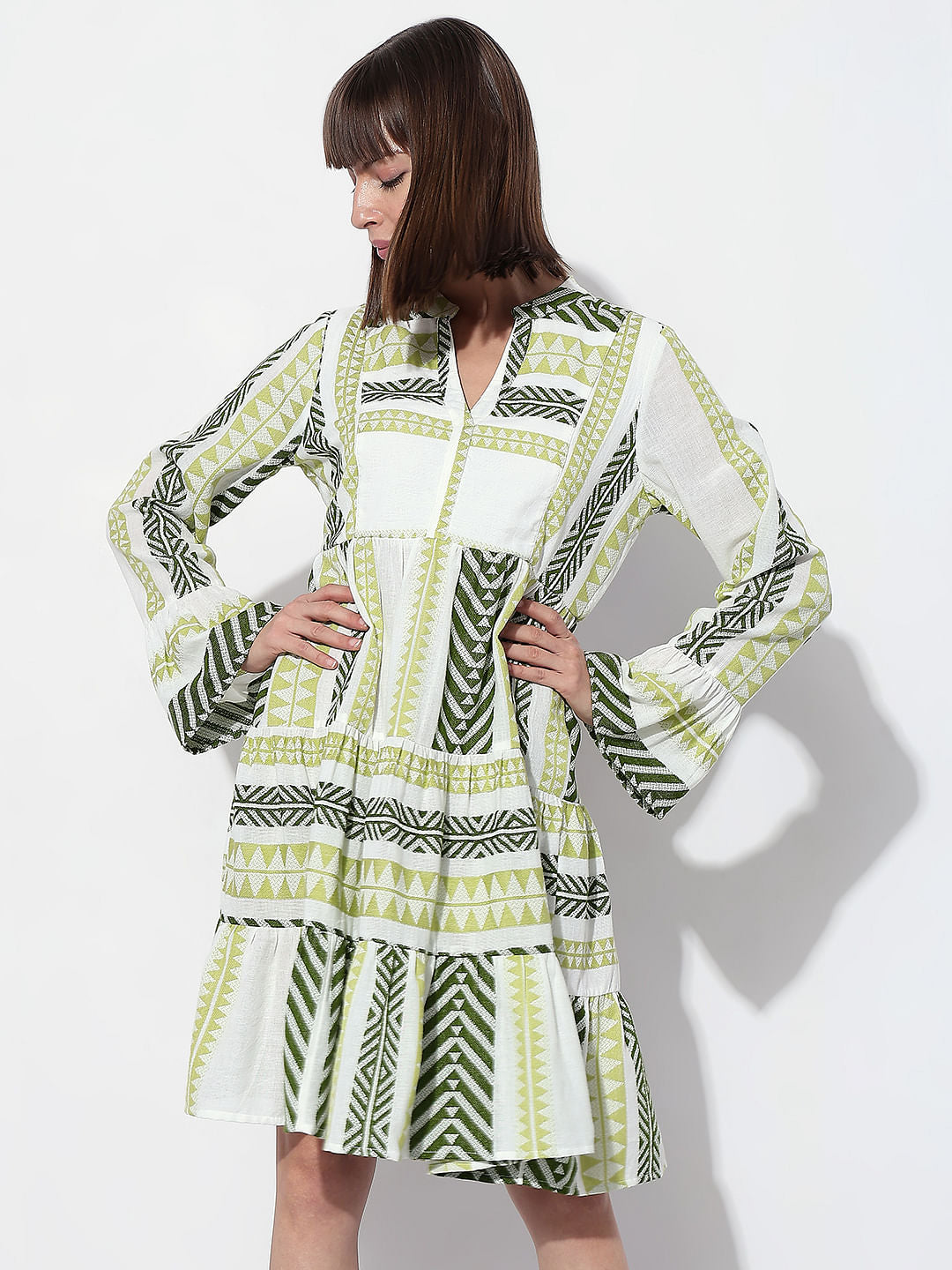 Green Chevron Print Shift Dress