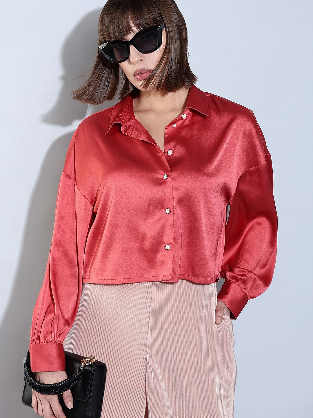 Red Satin Cropped Shirt