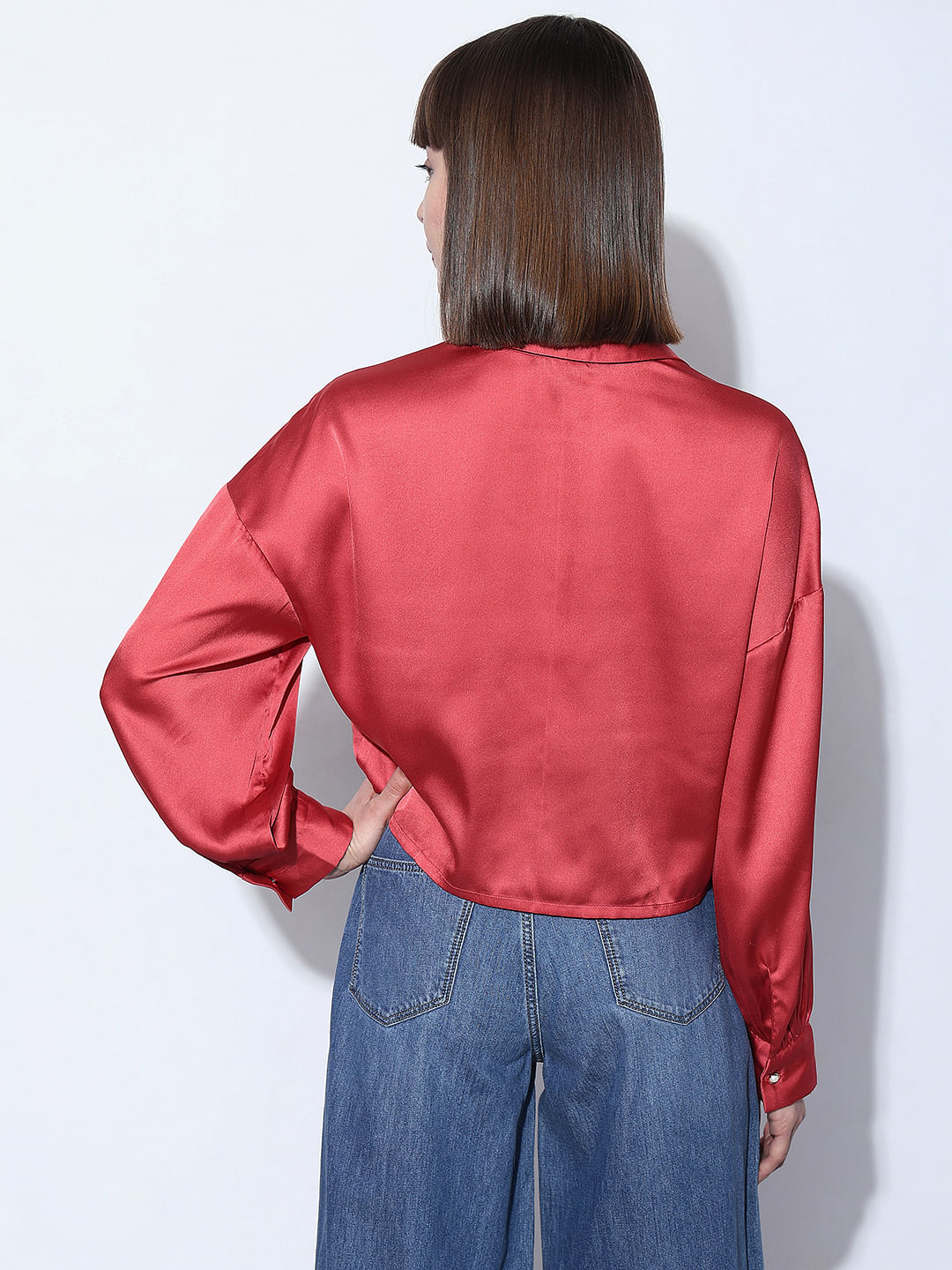 Red Satin Cropped Shirt