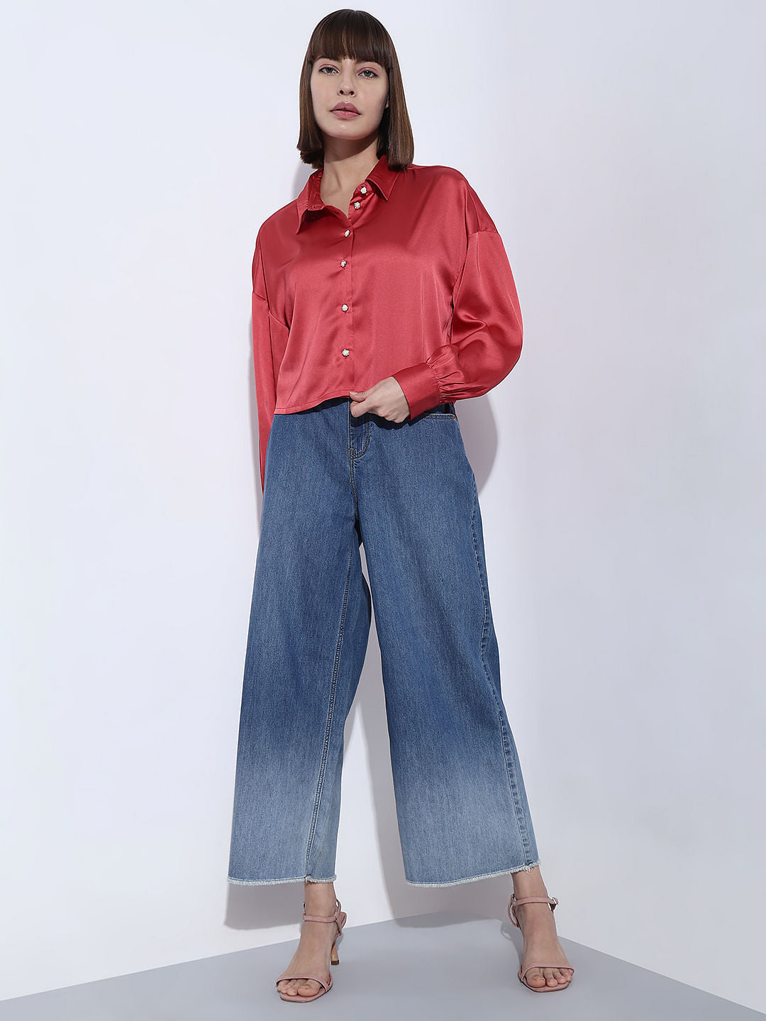 Red Satin Cropped Shirt