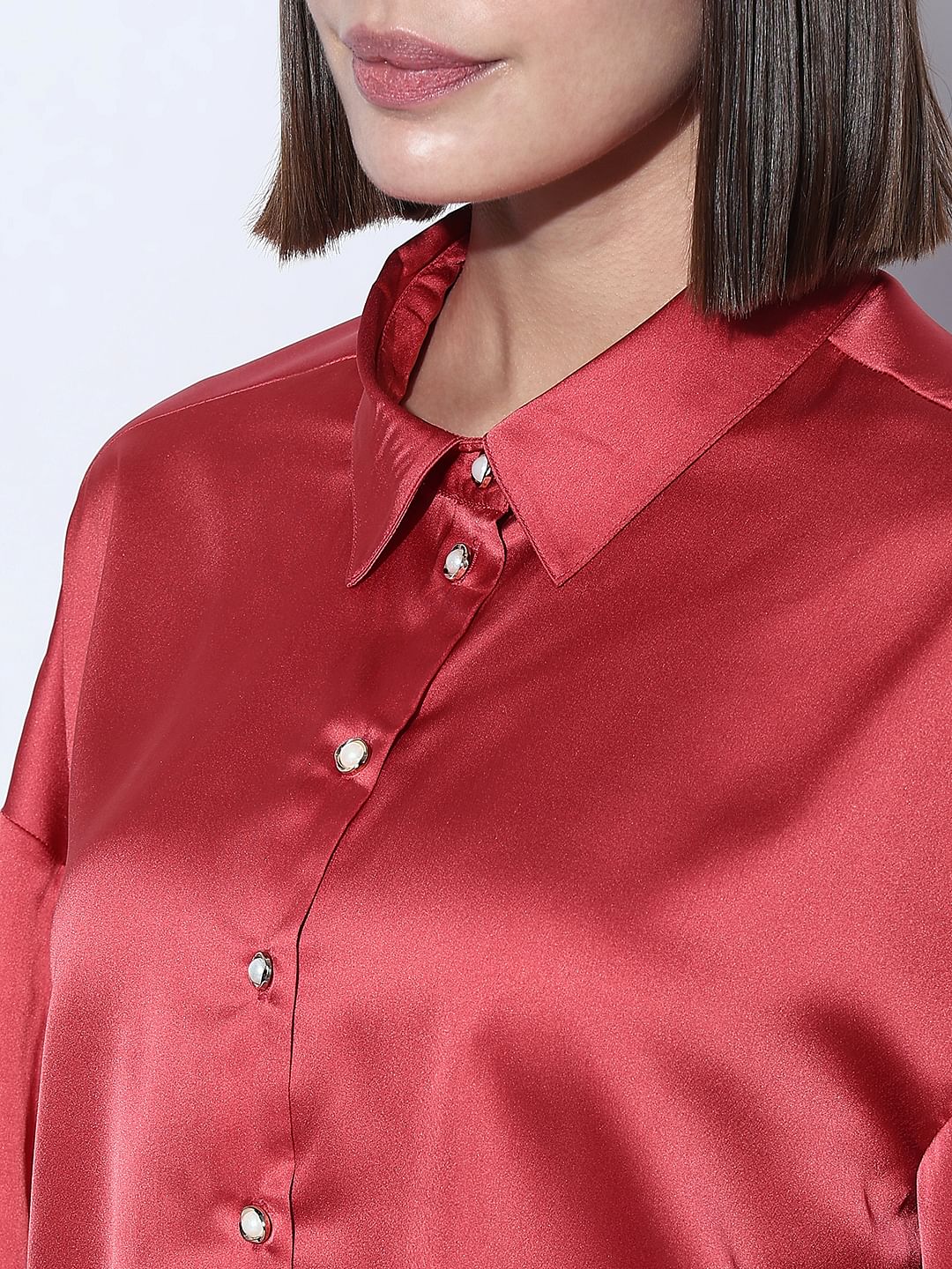 Red Satin Cropped Shirt
