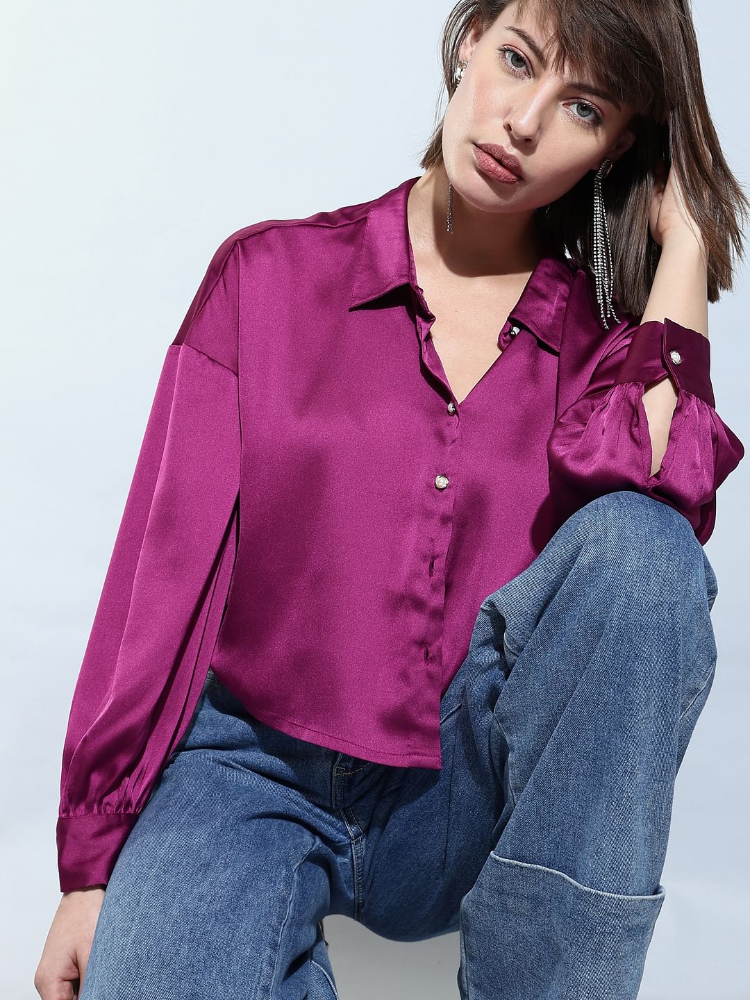 Purple Satin Cropped Shirt