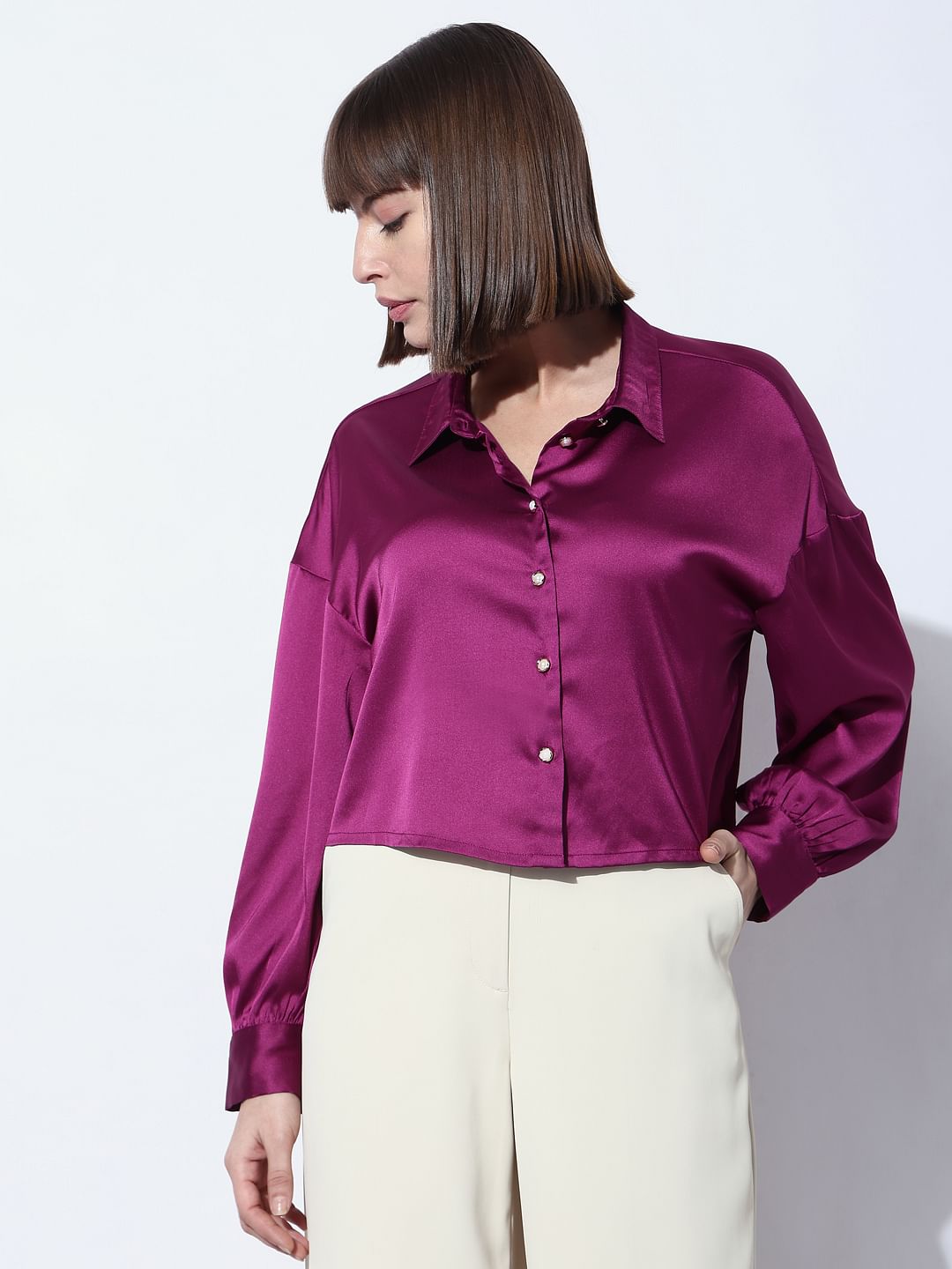 Purple Satin Cropped Shirt