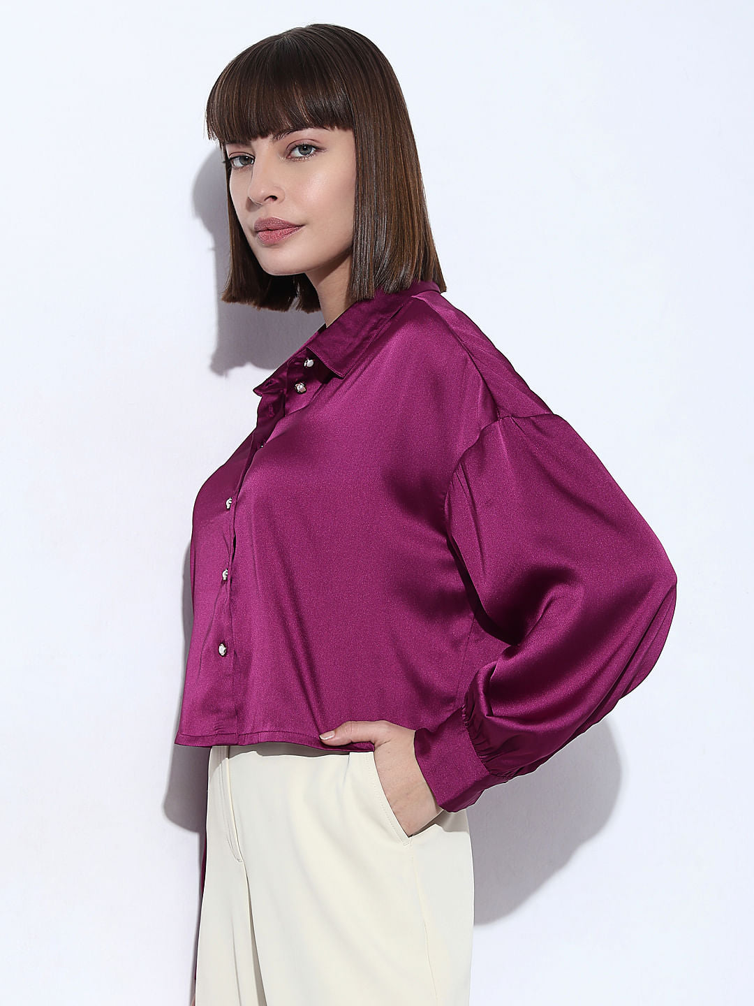 Purple Satin Cropped Shirt