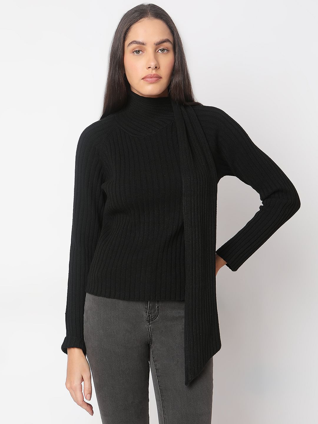 Black Ribbed Wrap Neck Top