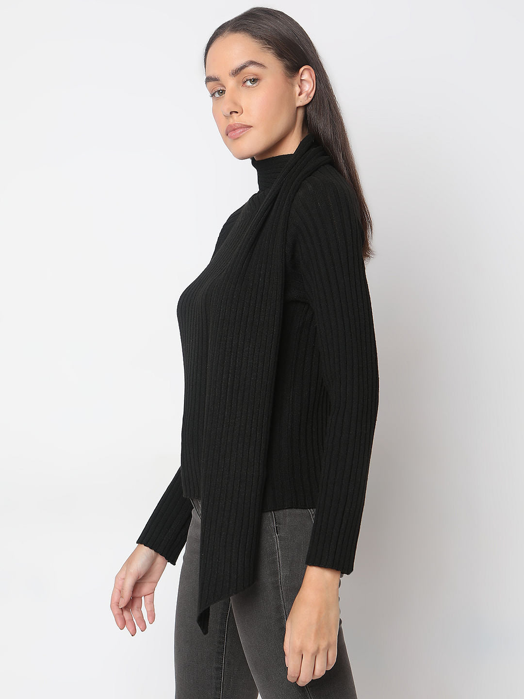 Black Ribbed Wrap Neck Top