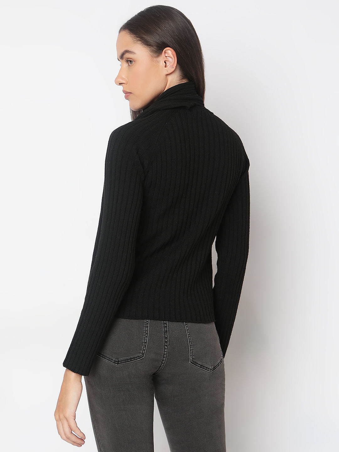 Black Ribbed Wrap Neck Top
