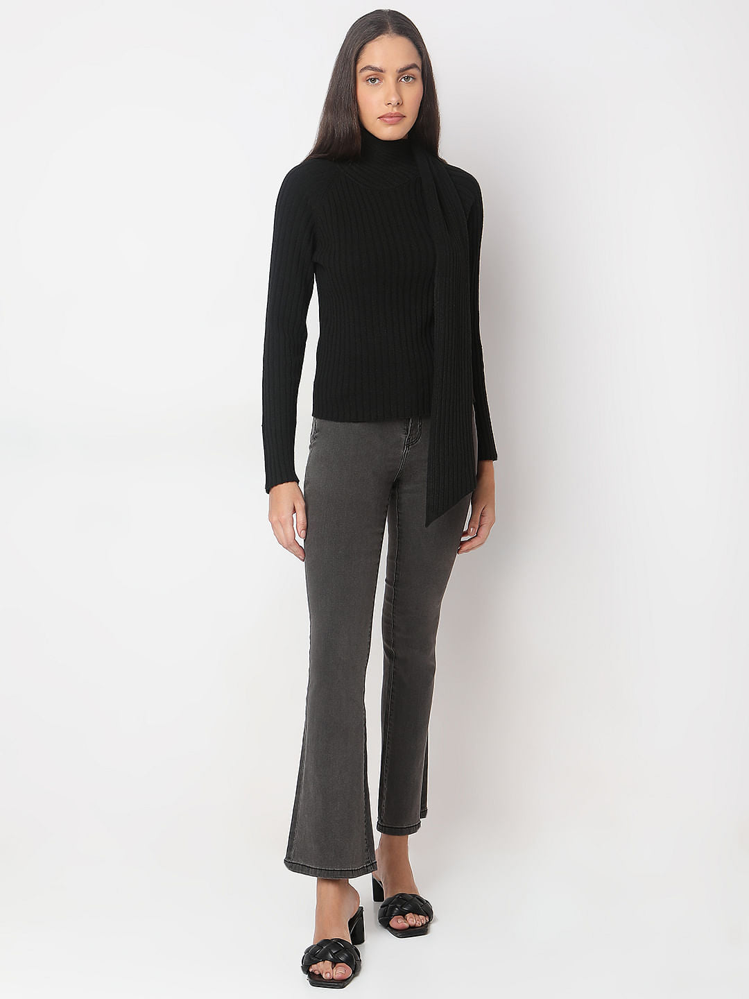 Black Ribbed Wrap Neck Top