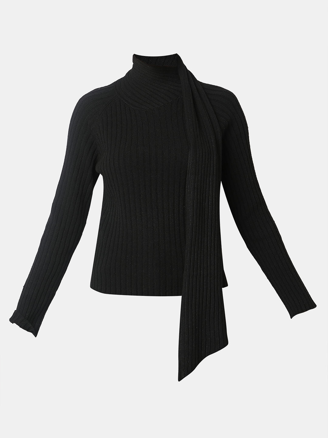 Black Ribbed Wrap Neck Top
