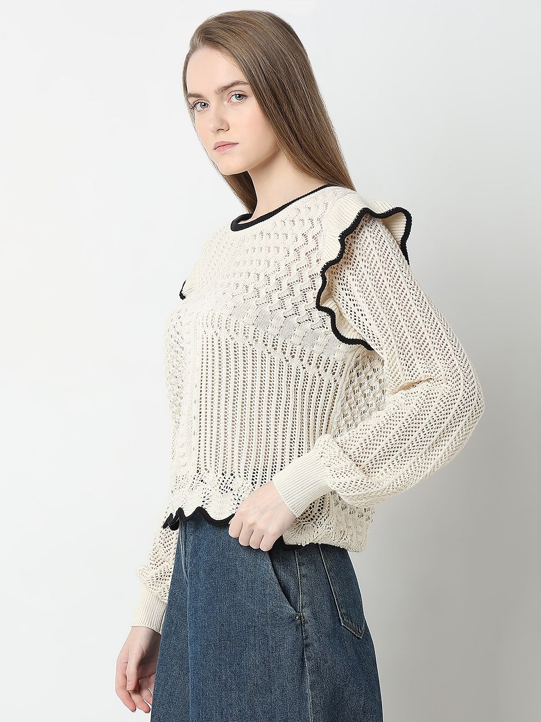 Beige Textured Ribbed Pullover