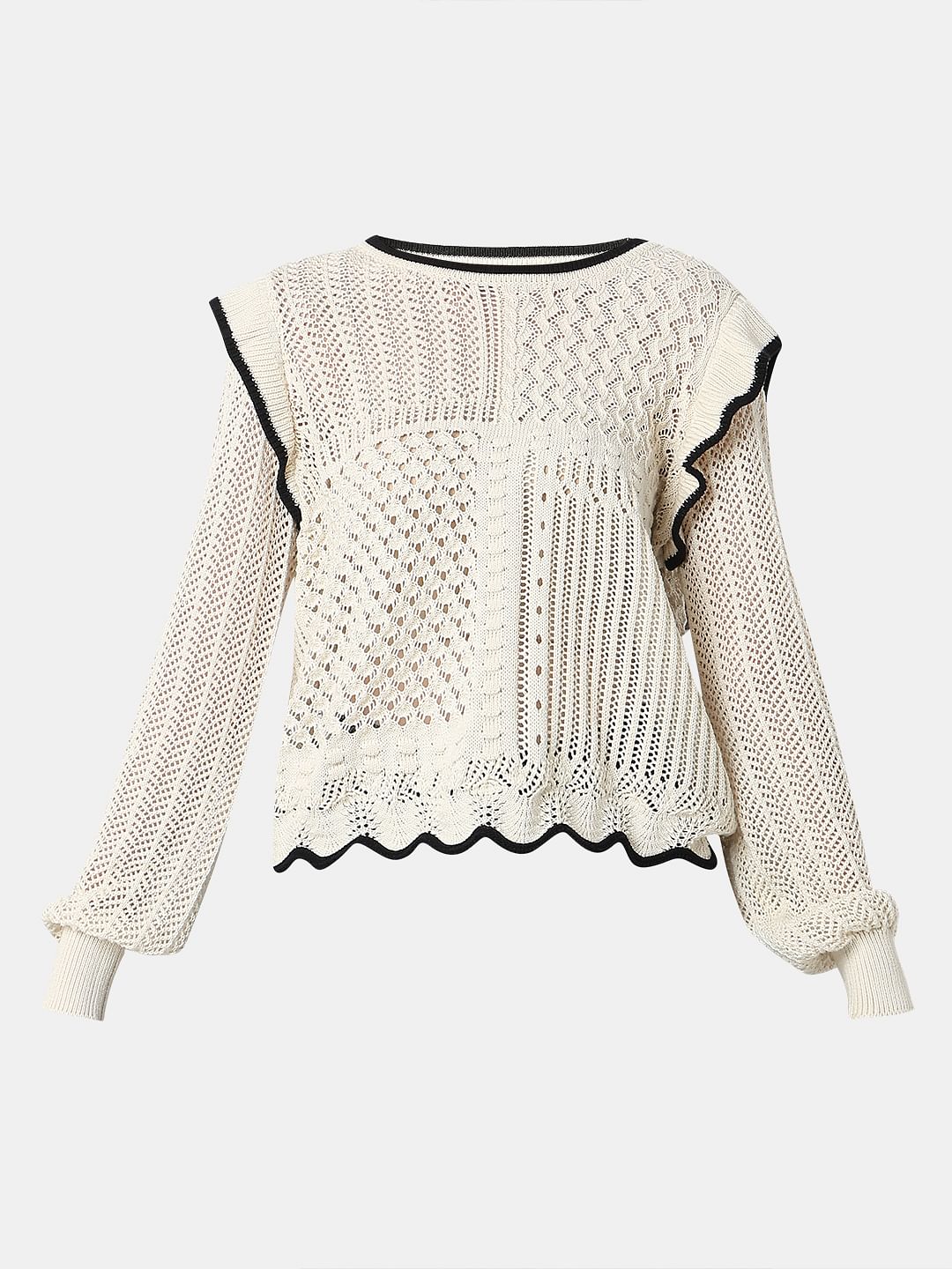 Beige Textured Ribbed Pullover