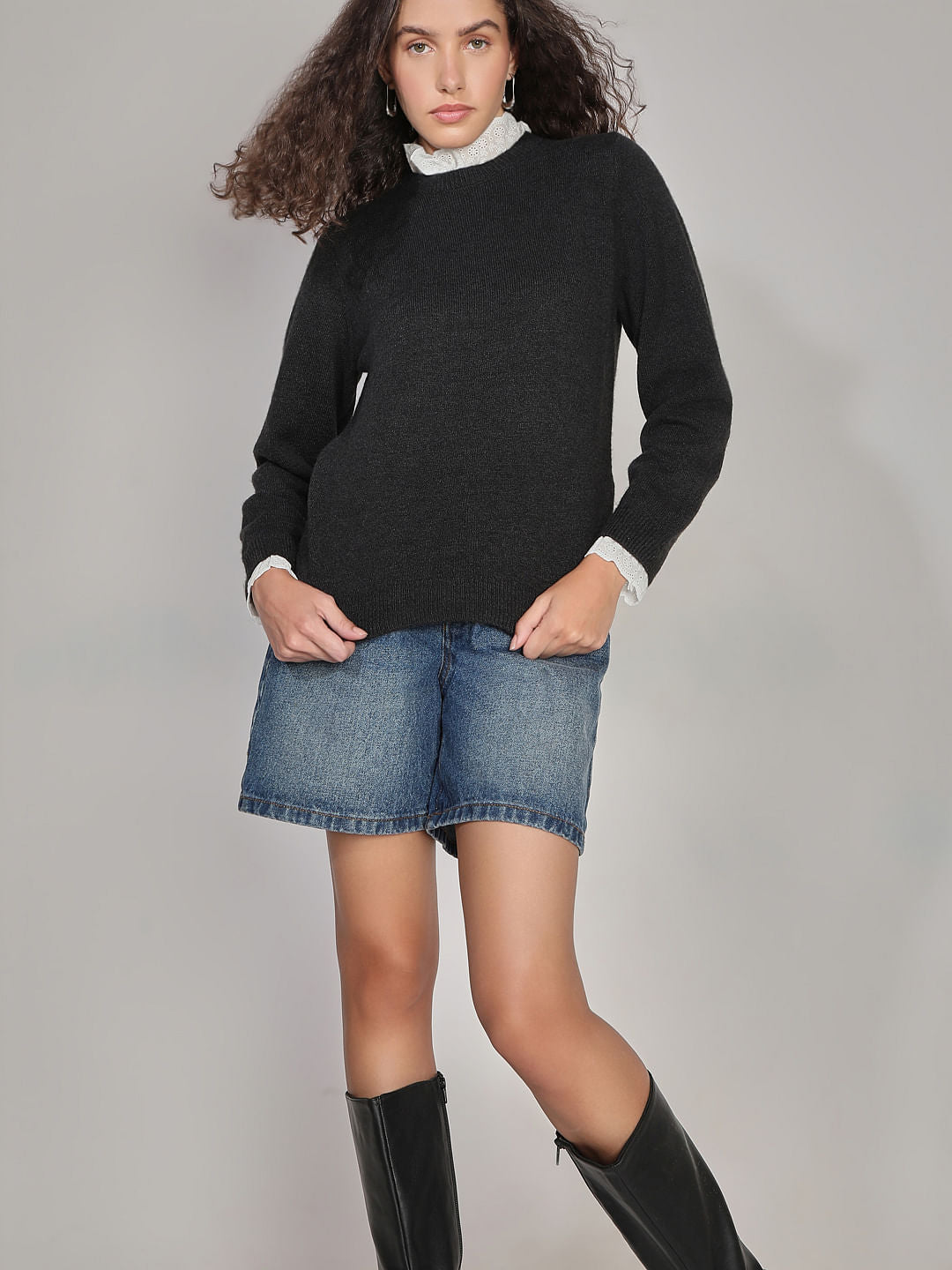 Black Schiffli Lace Collar Pullover