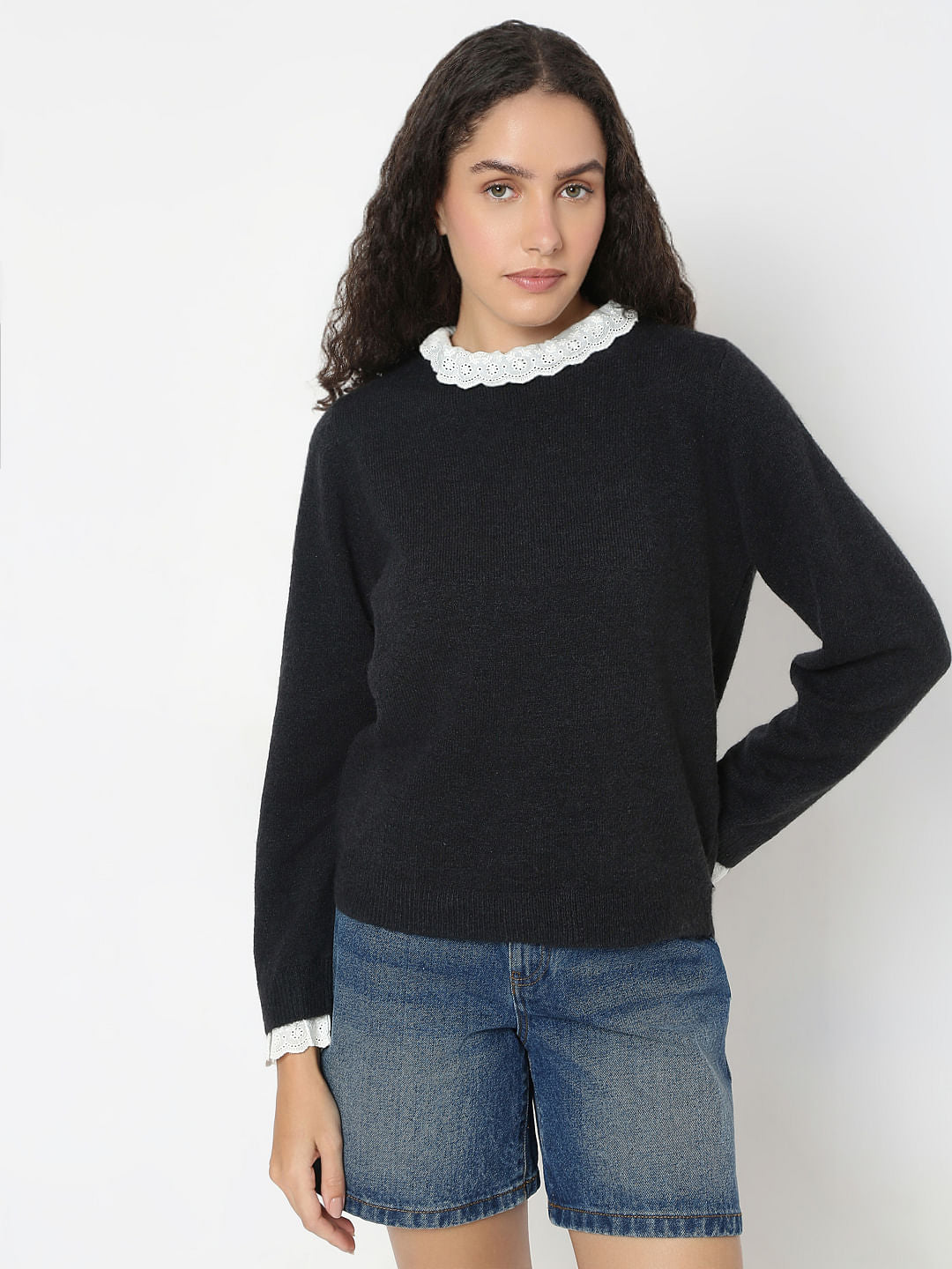 Black Schiffli Lace Collar Pullover