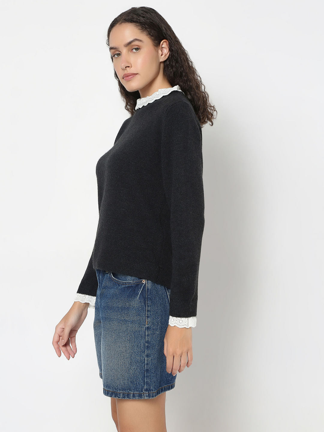 Black Schiffli Lace Collar Pullover