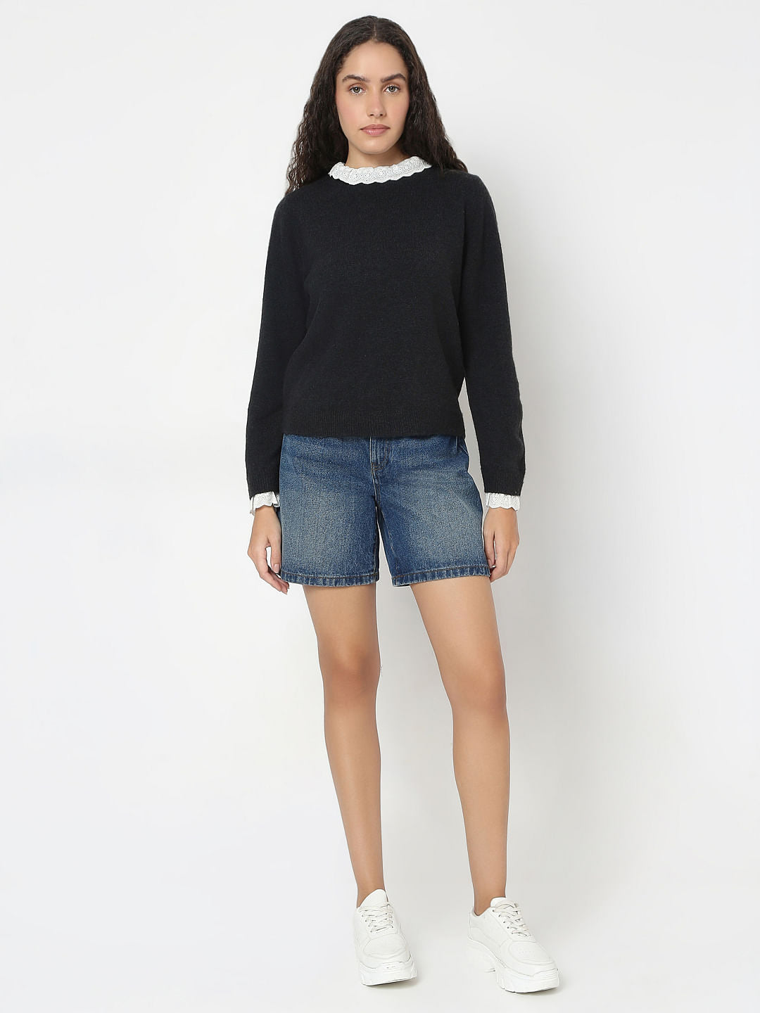 Black Schiffli Lace Collar Pullover