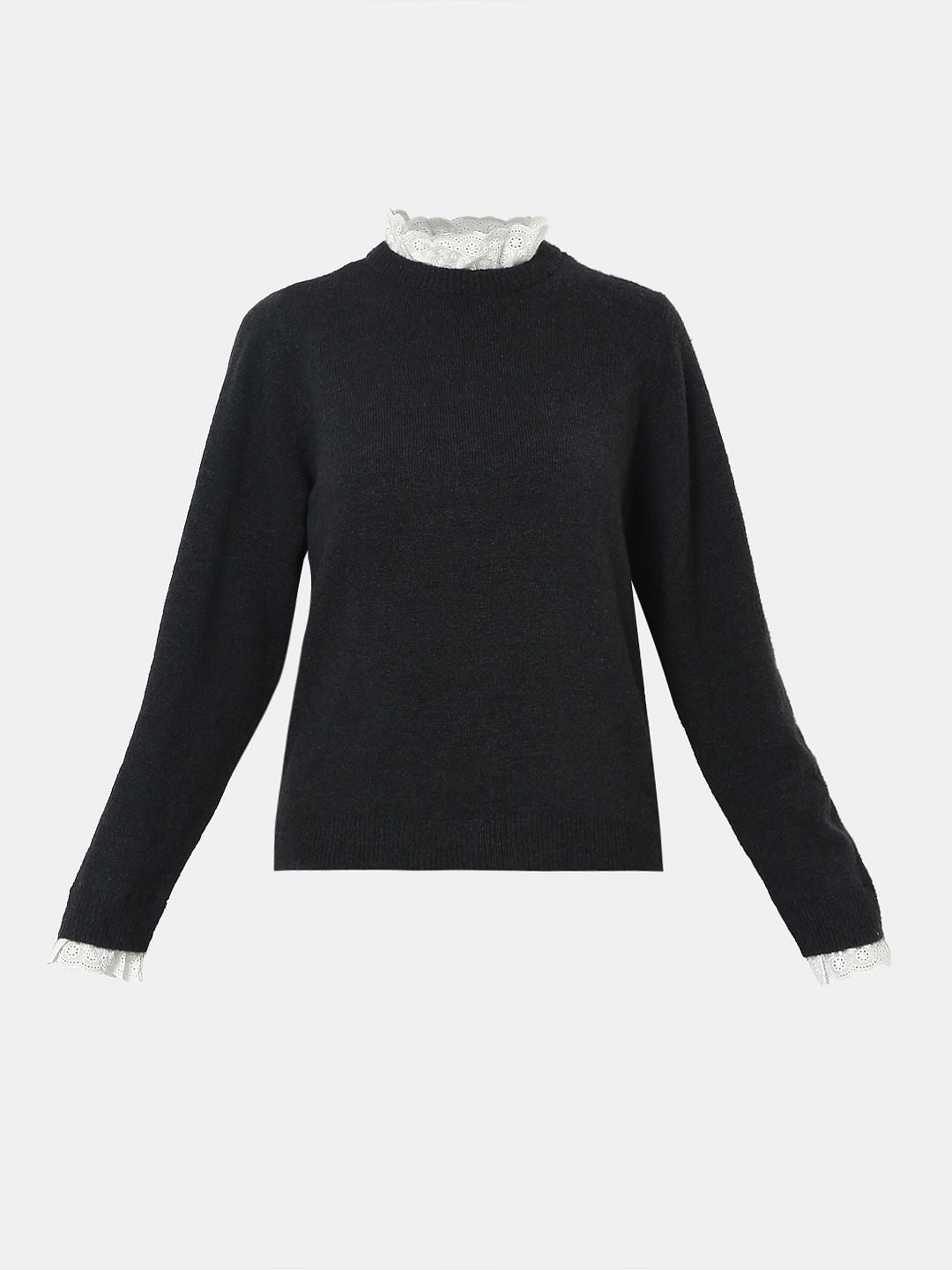 Black Schiffli Lace Collar Pullover