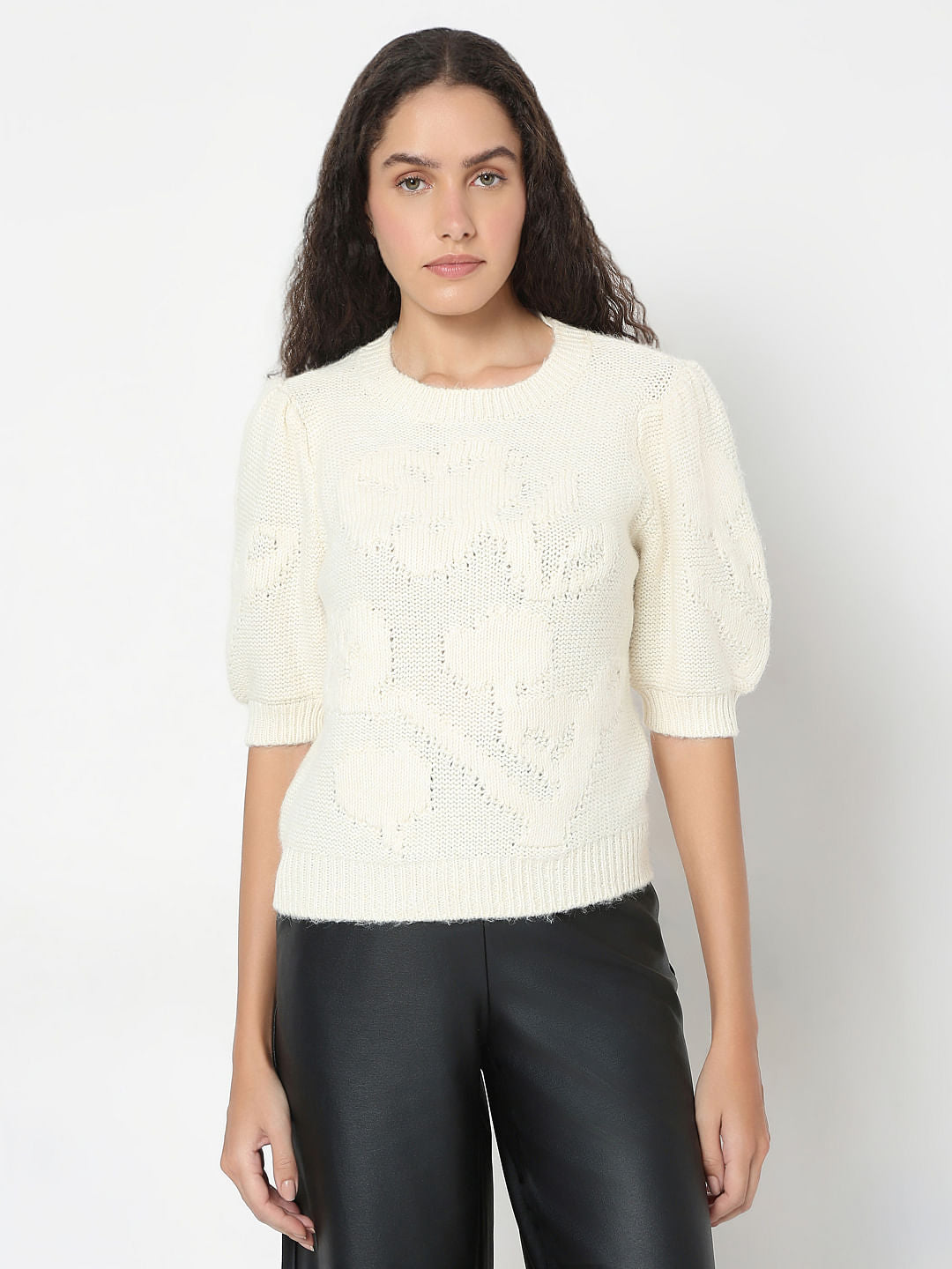 Cream O-Neck Puff Sleeves Pullover