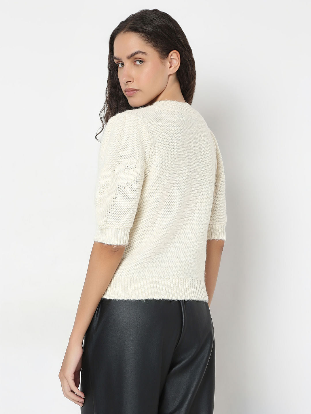 Cream O-Neck Puff Sleeves Pullover