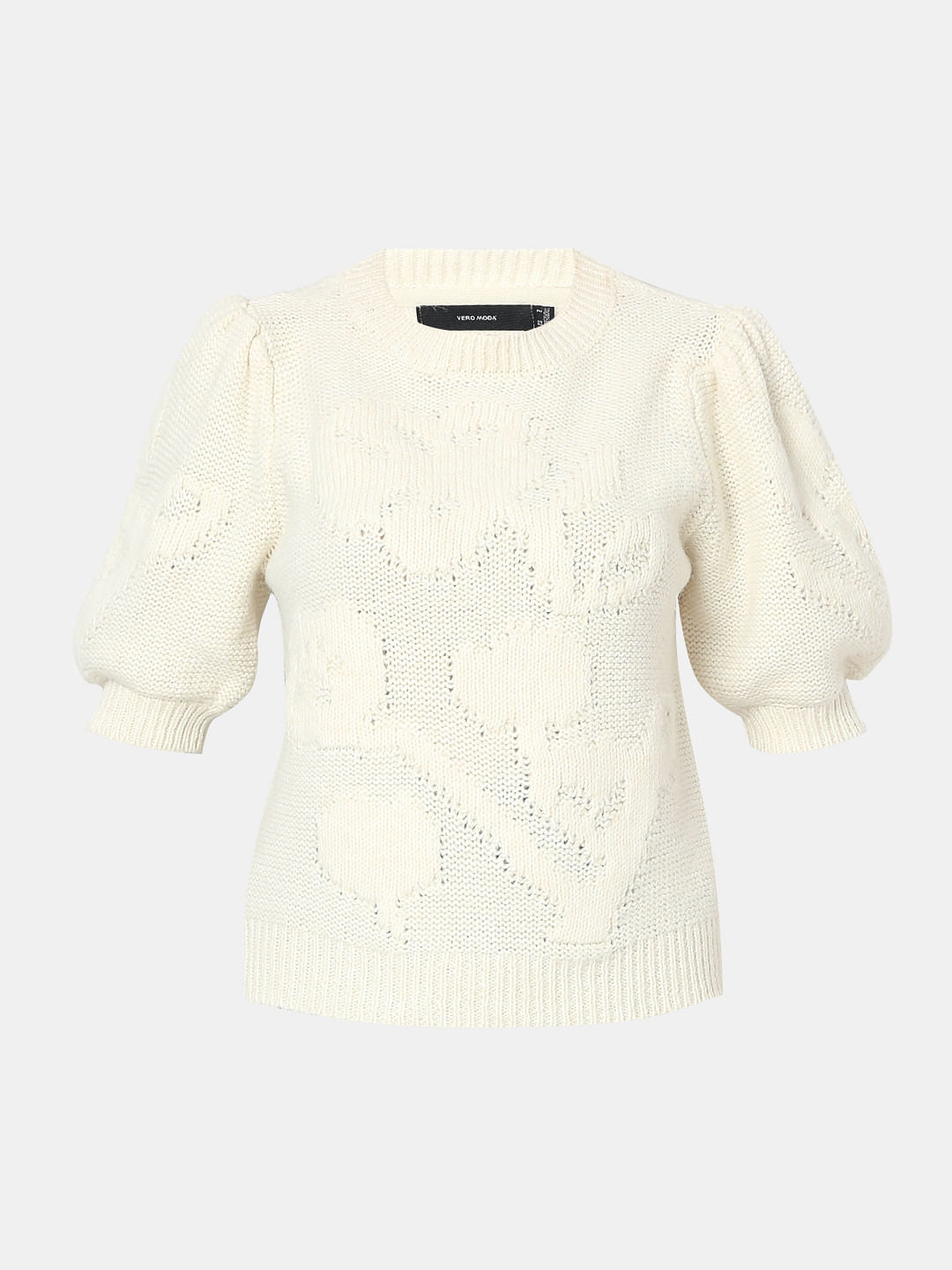 Cream O-Neck Puff Sleeves Pullover