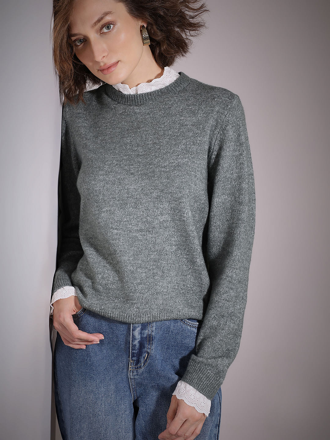 Green Schiffli Lace Collar Pullover