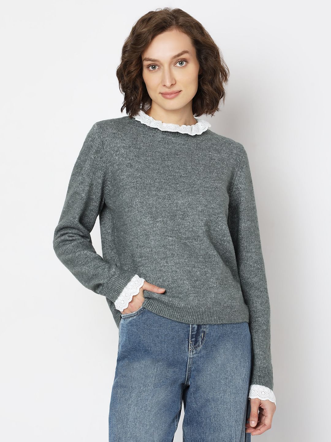 Green Schiffli Lace Collar Pullover