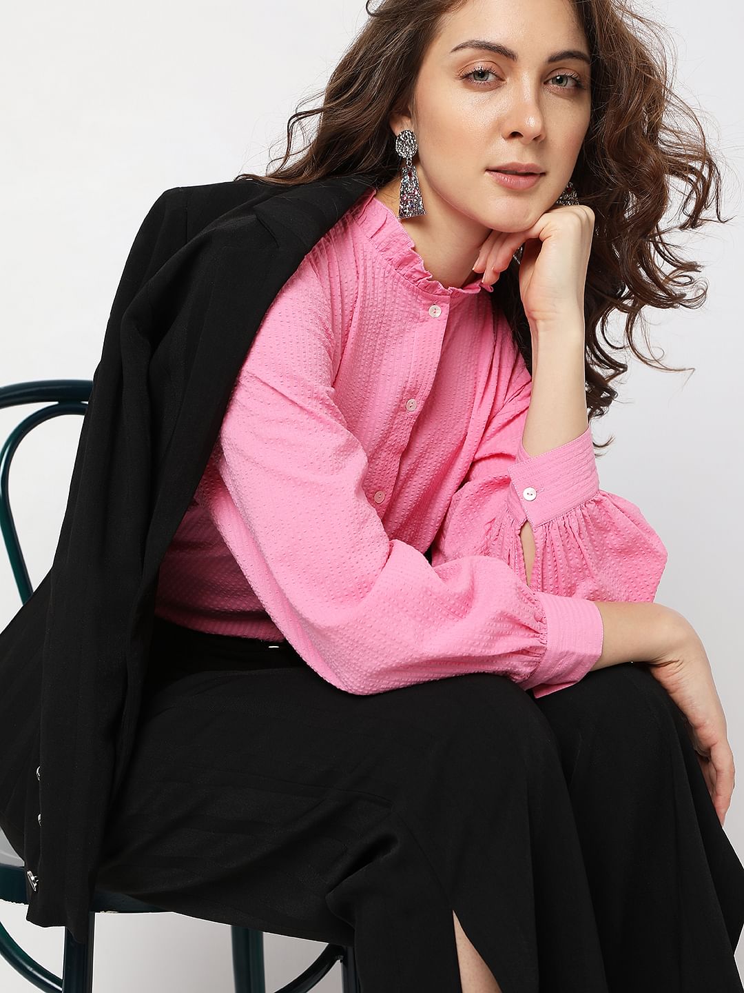 Pink Textured High Neck Shirt