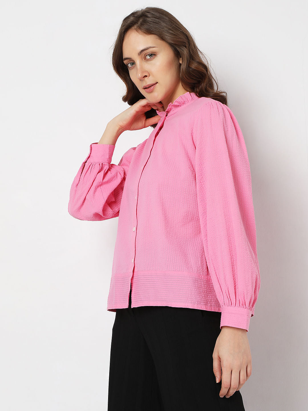 Pink Textured High Neck Shirt