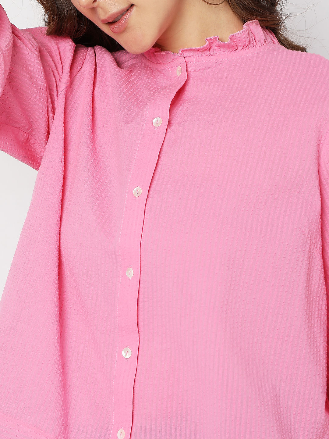 Pink Textured High Neck Shirt