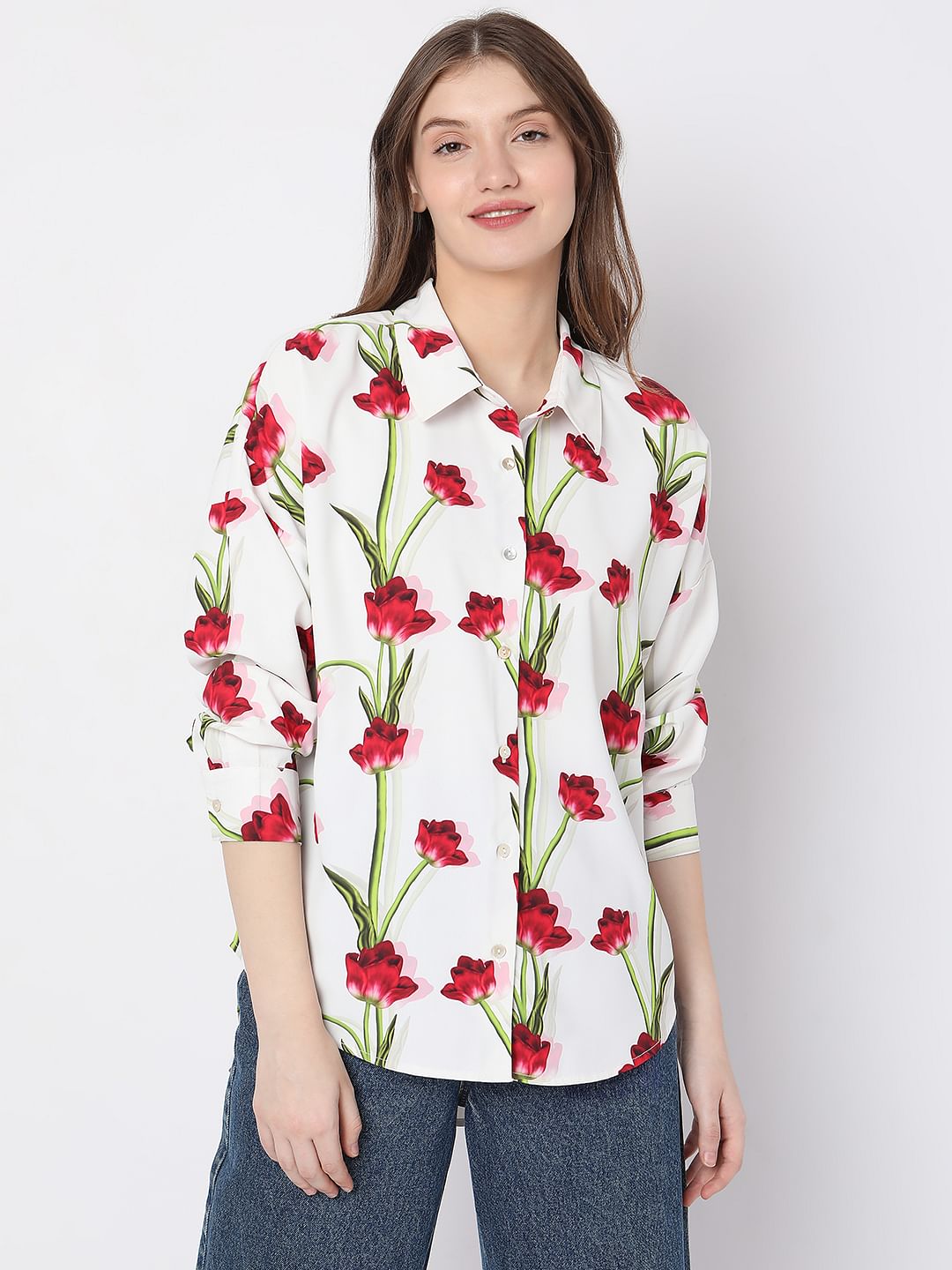 White Floral Print Shirt