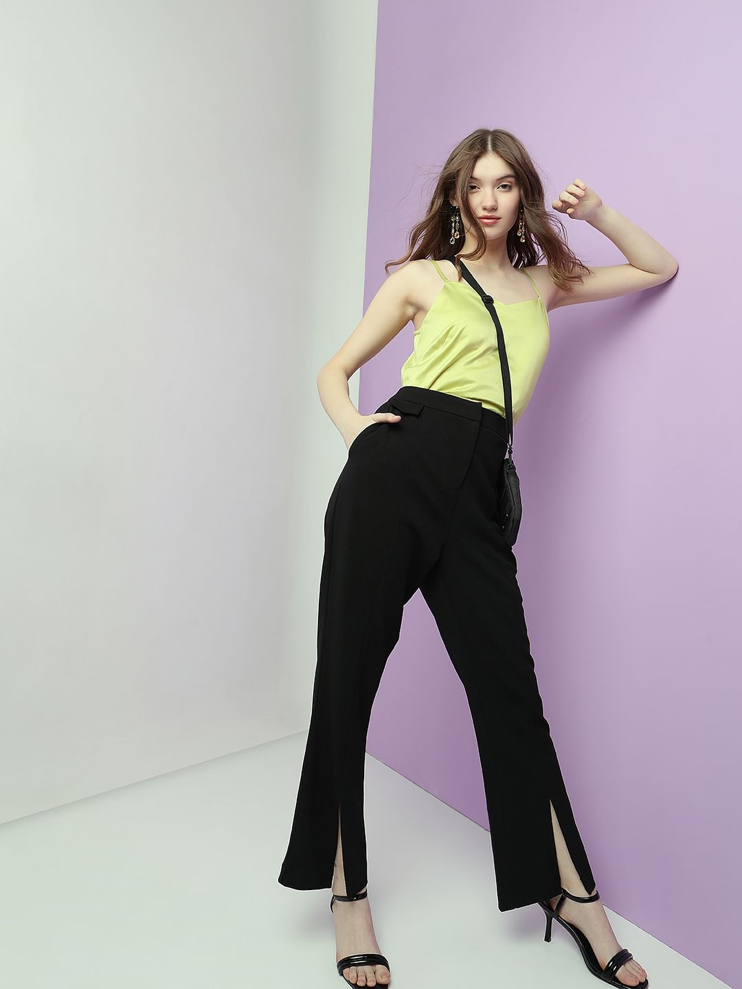 Black High Rise Front Slit Pants