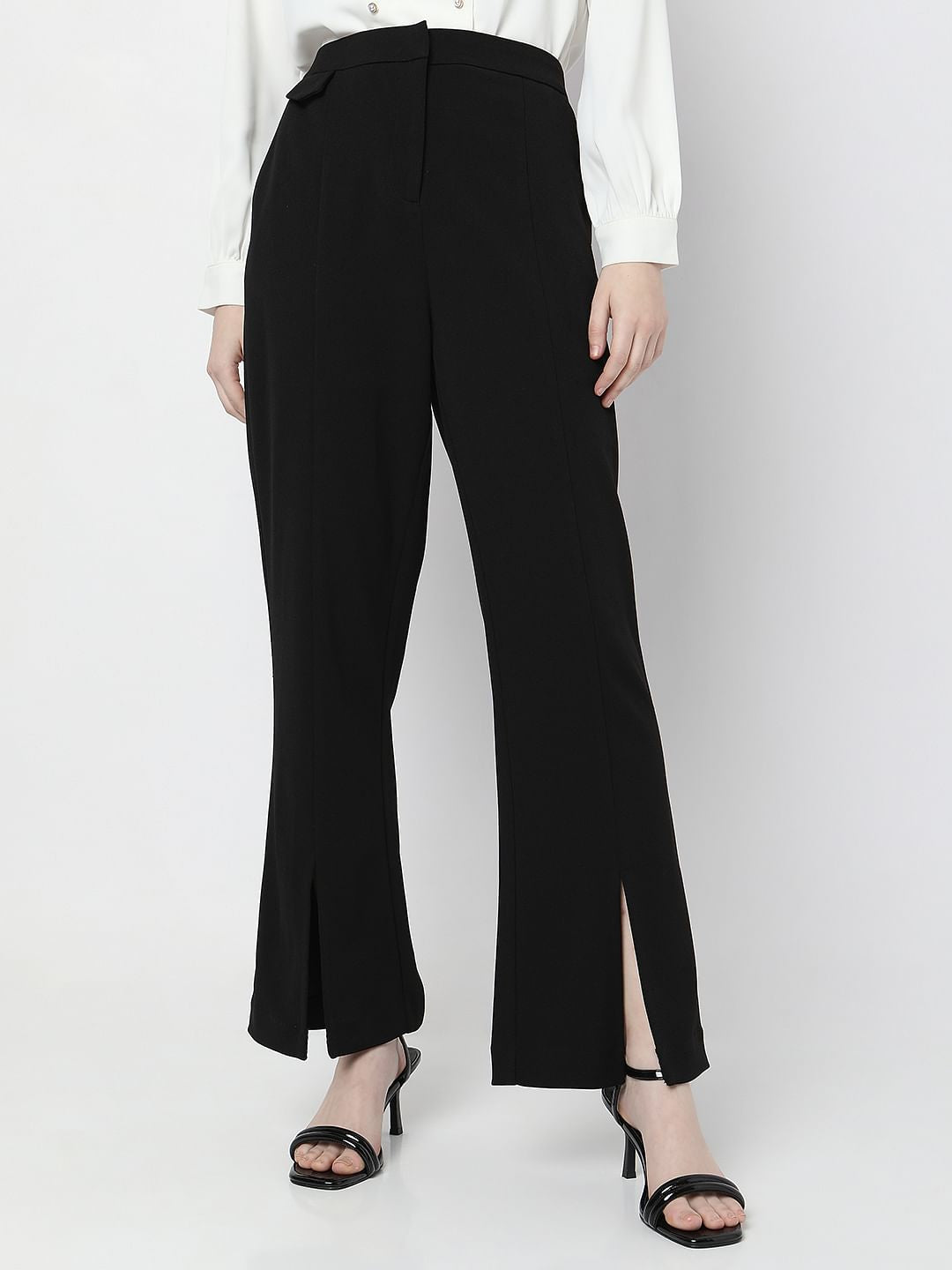 Black High Rise Front Slit Pants